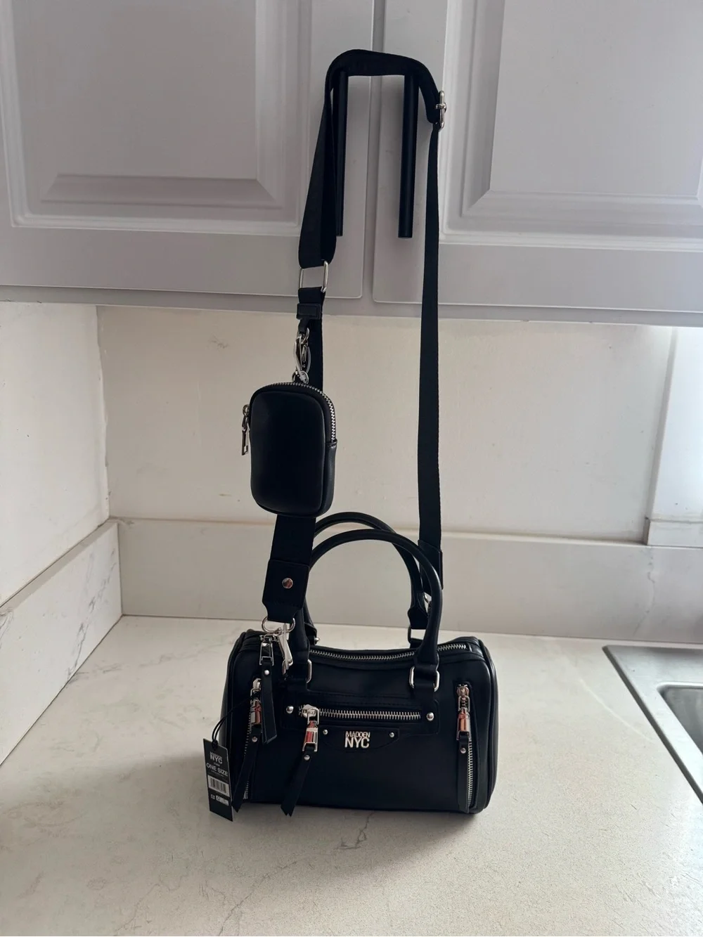 NWT- core barrel Madden NYC Black Satchel with Wide Logo Strap.